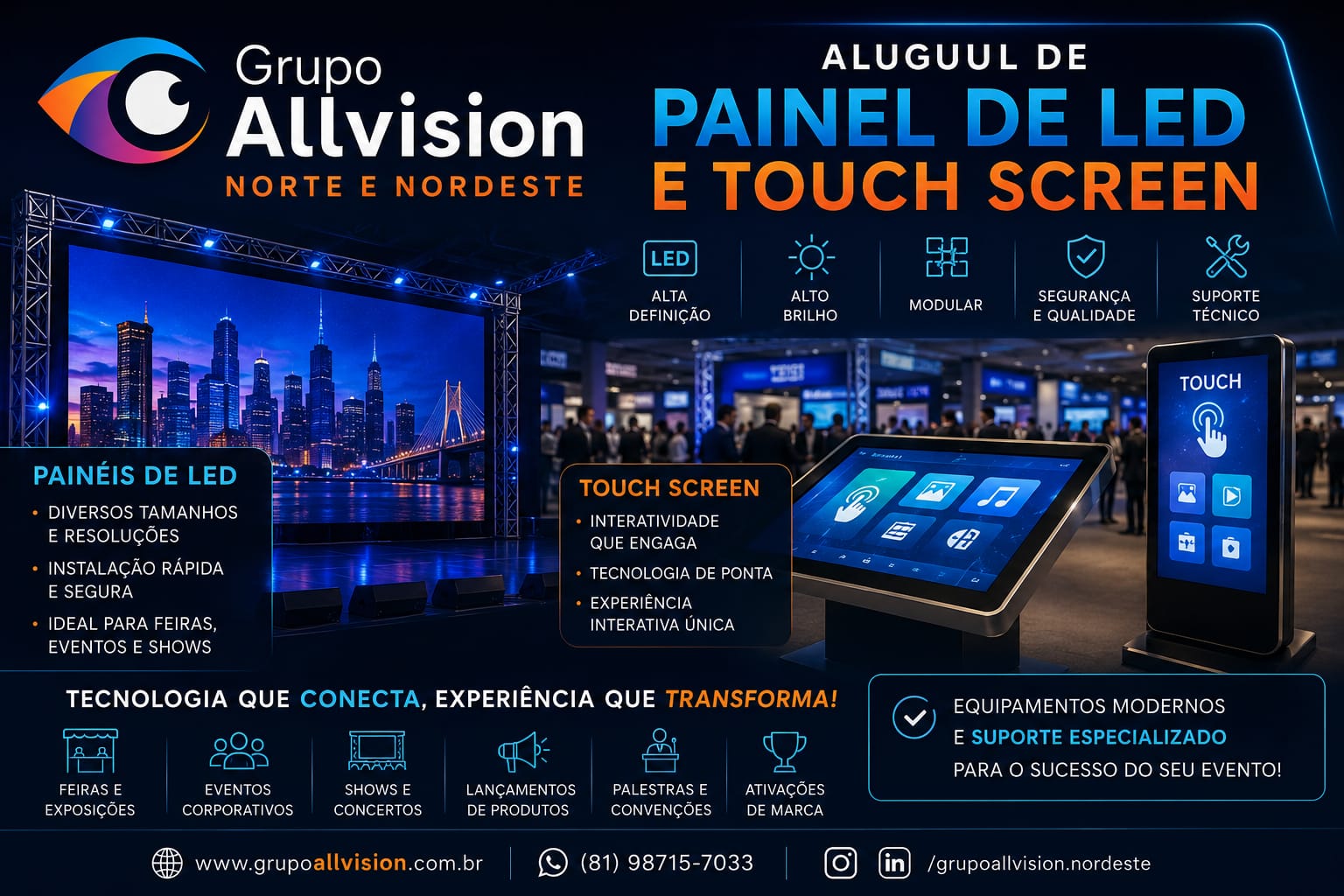Aluguel de Painel de LED Indoor e Outdoor, Holograma 3D e Óculos Virtual para Eventos Educacionais na Bahia 2026